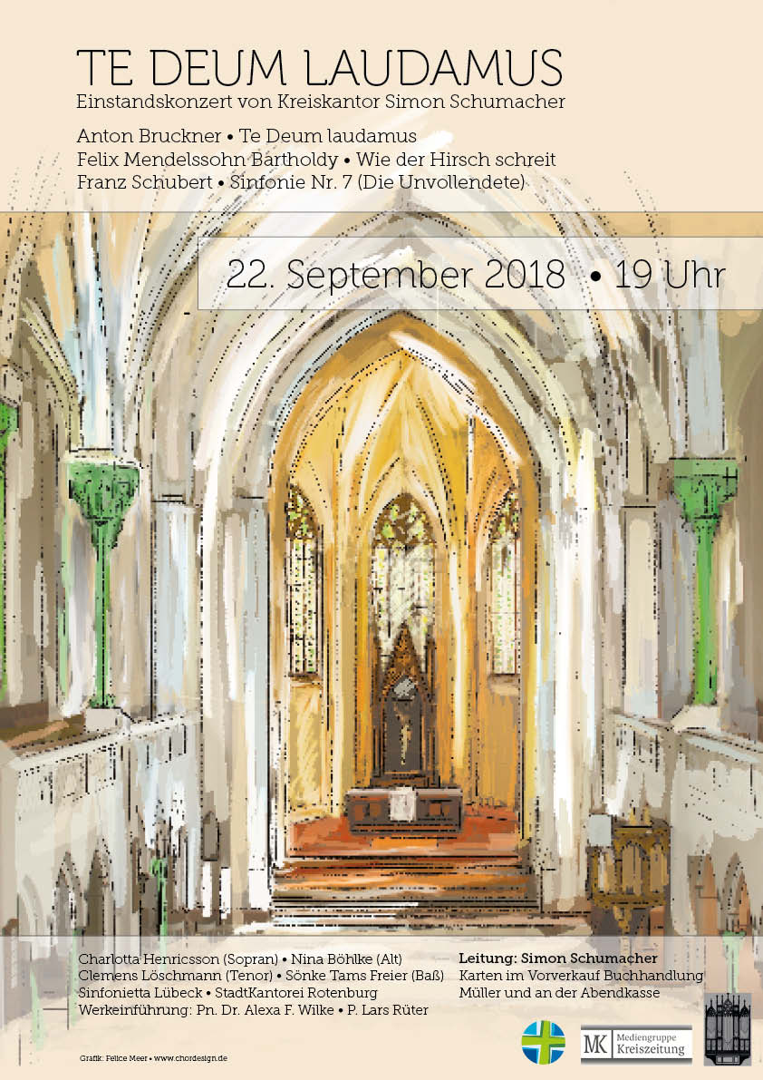 Te Deum Laudamus Konzertwerbung zur Einführung des Kreiskantors in Rotenburg 2018, Grafik von Felice Meer