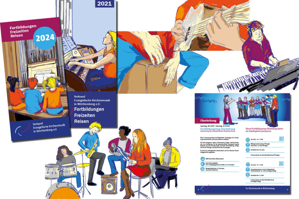 Verband der Ev. Kirchenmusik, Jahresprogramme, Flyer und Illustrationen von Felice Meer