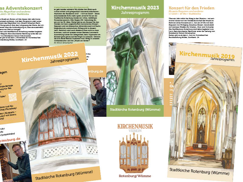 Jahresprogramm Kirchenmusik Rotenburg/Wümme und Logo Kirchenmusikverein, layout und Illustrationen von Felice Meer