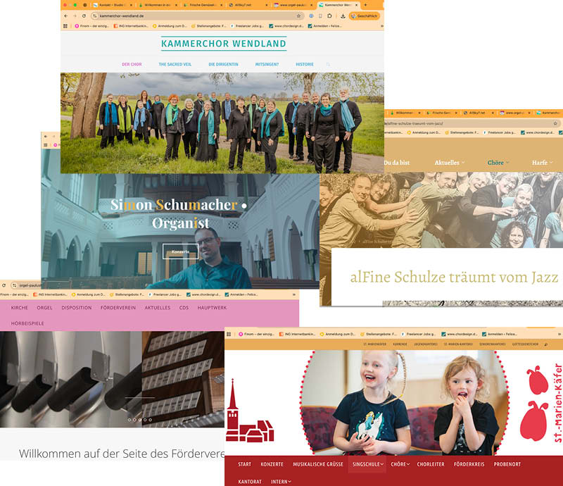 Webseiten für Chöre, Organisten, eine Harfenspielerin und einer Singschule von dem Studio Chordesign